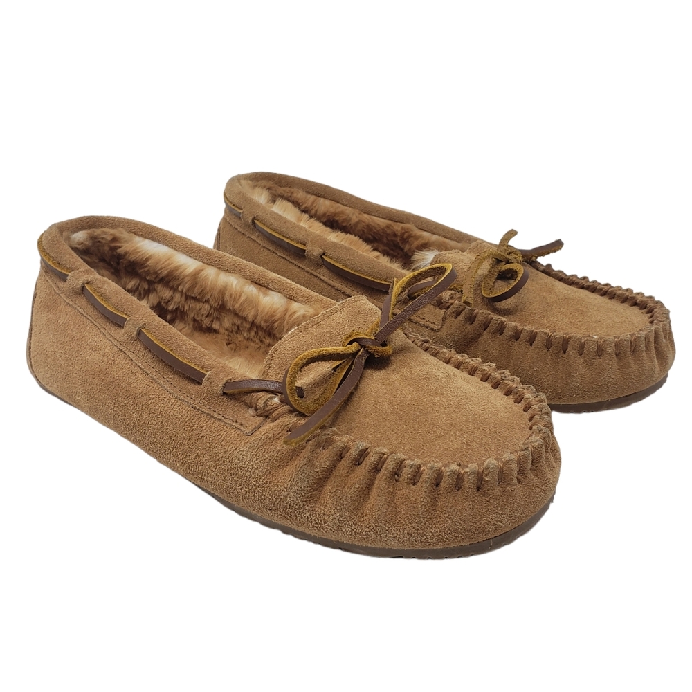 Minnetonka‎ Tan Suede Leather Moccasins Womens Size 10 Slip On Leather Tie Front